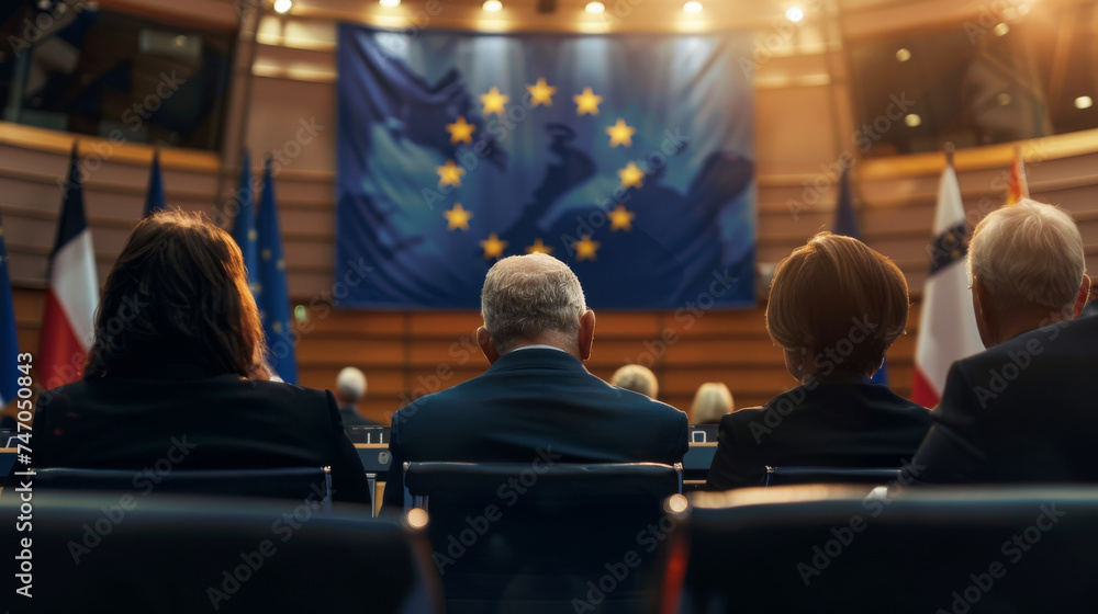 European Union politics concept image with back view of formal unrecognizable politicians at EU parliament in front of the European Union flag
