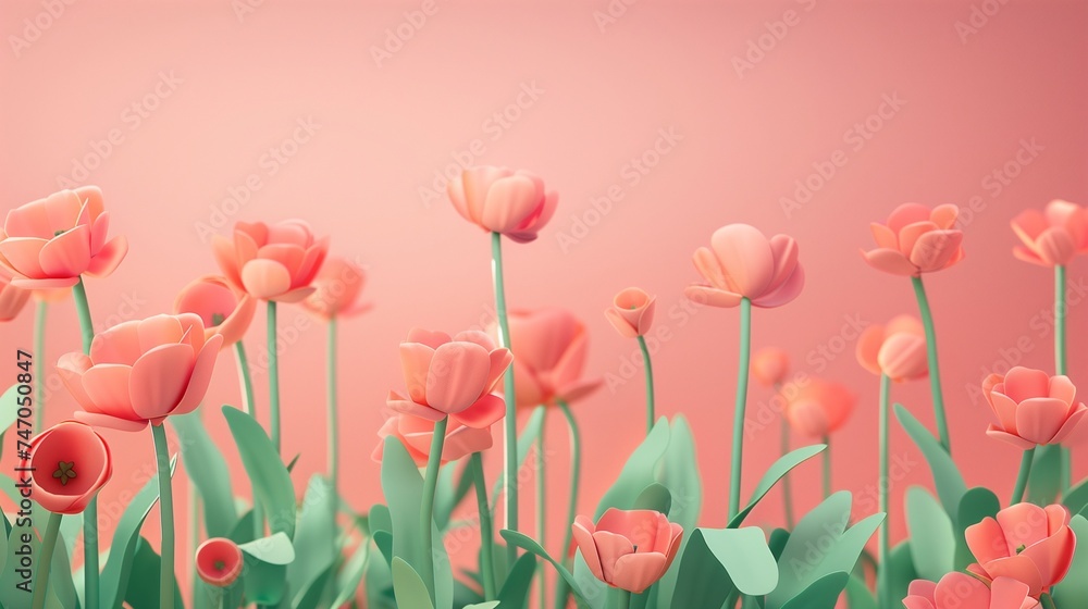 Field of tulips. A lush, plasticine crafted scene with multiple layers of coral pink tulips rising against a soft pink background, creating a charming and inviting springtime display.