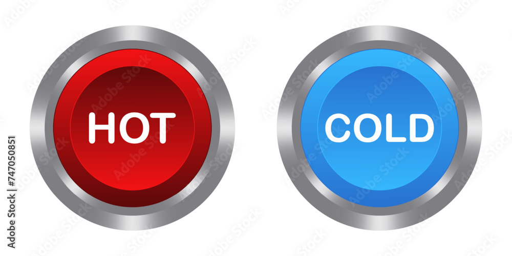 Hot Cold red and blue buttons with metal base. Push, press, control, manipulation, key, knob. Temperature regulation, caution, surface, water, air, plumbing, conditioner, climate, refrigerator Hot Cold red and blue buttons with metal base. Push, press, control, manipulation, key, knob. Temperature regulation, caution, surface, water, air, plumbing, conditioner, climate, refrigerator