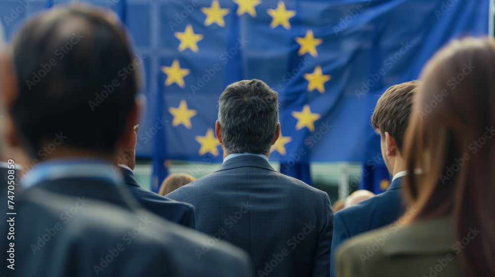 Obraz premium European Union politics concept image with back view of formal unrecognizable politicians at EU parliament in front of the European Union flag
