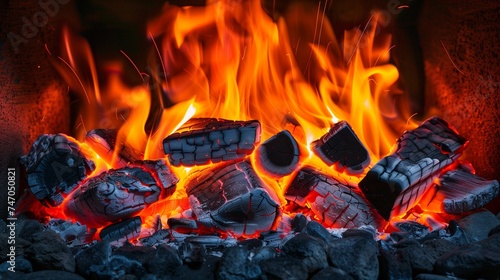 Blazing fireplace. Vivid close-up of burning charcoal and firewood with dynamic orange and red flames, emitting sparks and ash in a dark setting.