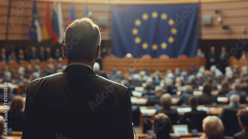 European Union politics concept image with back view of formal unrecognizable politicians at EU parliament in front of the European Union flag photo