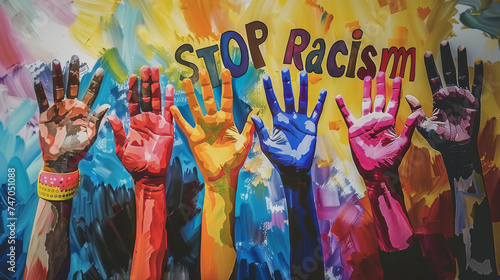 Colorful hands with diversity with message stop racism , antiracism concept illustration photo