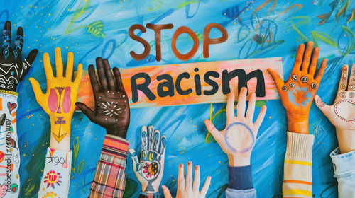 Colorful hands with diversity with message stop racism , antiracism concept image background photo