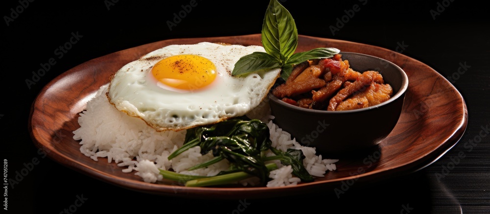 A plate filled with steaming white rice topped with a perfectly cooked fried egg and stir-fried fish in basil. The dish is simple yet satisfying, showcasing a combination of textures and flavors. A plate filled with steaming white rice topped with a perfectly cooked fried egg and stir-fried fish in basil. The dish is simple yet satisfying, showcasing a combination of textures and flavors.