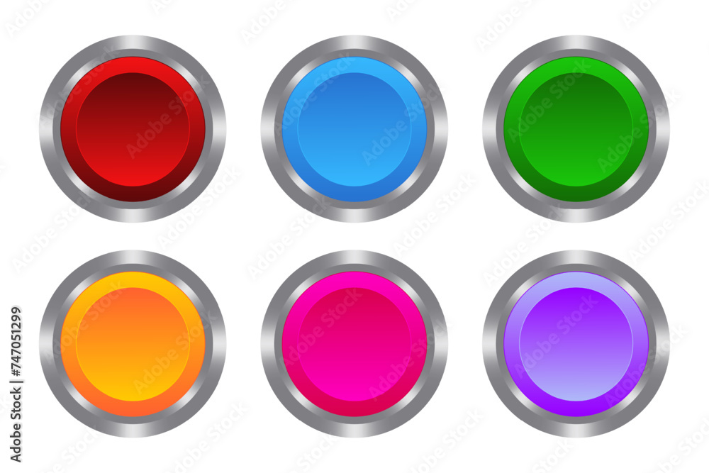Multicolored buttons with metal base. Push, press, touch, control centre, panel, manipulation, key, knob, management, administration, operation, switch on off, stop, start, caution, help. Vector Multicolored buttons with metal base. Push, press, touch, control centre, panel, manipulation, key, knob, management, administration, operation, switch on off, stop, start, caution, help. Vector