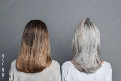 On a neutral grey background, a woman's hair is depicted in two views: before and after treatment. In the "before" view, her hair appears dull, dry. The back view to focus solely on the hair. change