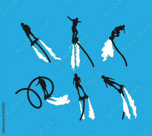 set silhouette of flyboard isolated on white background. different action, pose. extreme sport, water, hobby, summer theme. vector illustration.