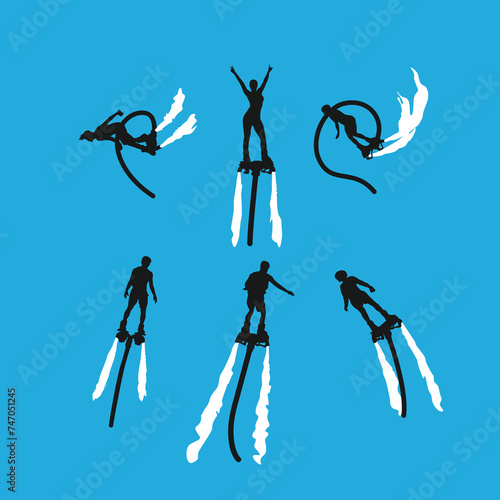 set silhouette of flyboard isolated on white background. different action, pose. extreme sport, water, hobby, summer theme. vector illustration.