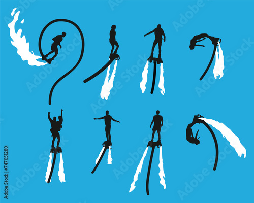 set silhouette of flyboard isolated on white background. different action, pose. extreme sport, water, hobby, summer theme. vector illustration.
