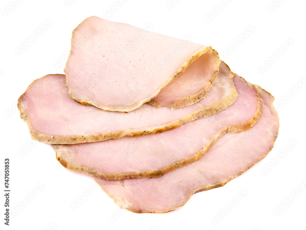 Pork ham sliced on white background.