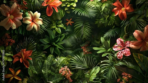 Tropical Jungle Wallpaper with Vibrant Flowers in a Photorealistic Style