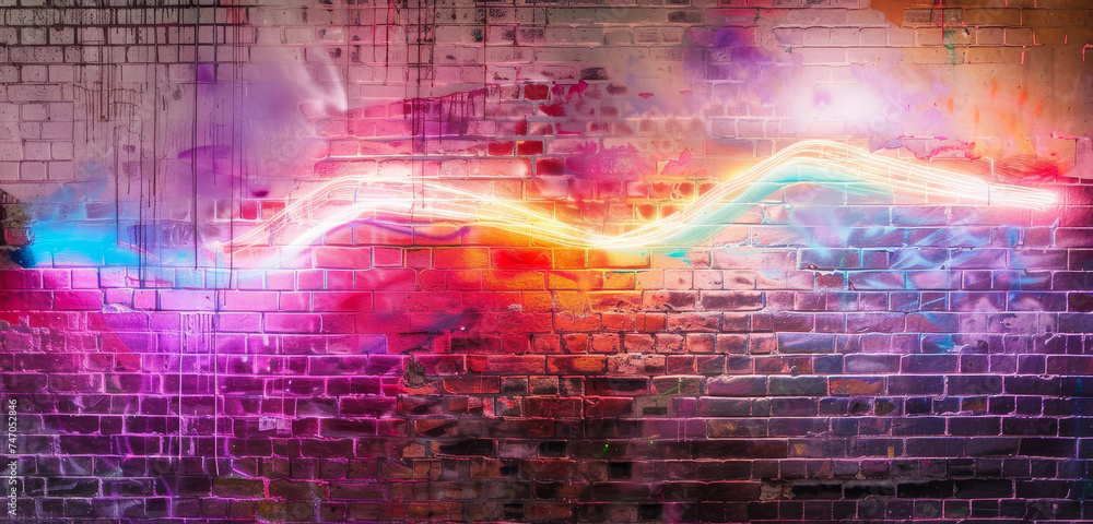 Neon light waves on a textured brick wall.