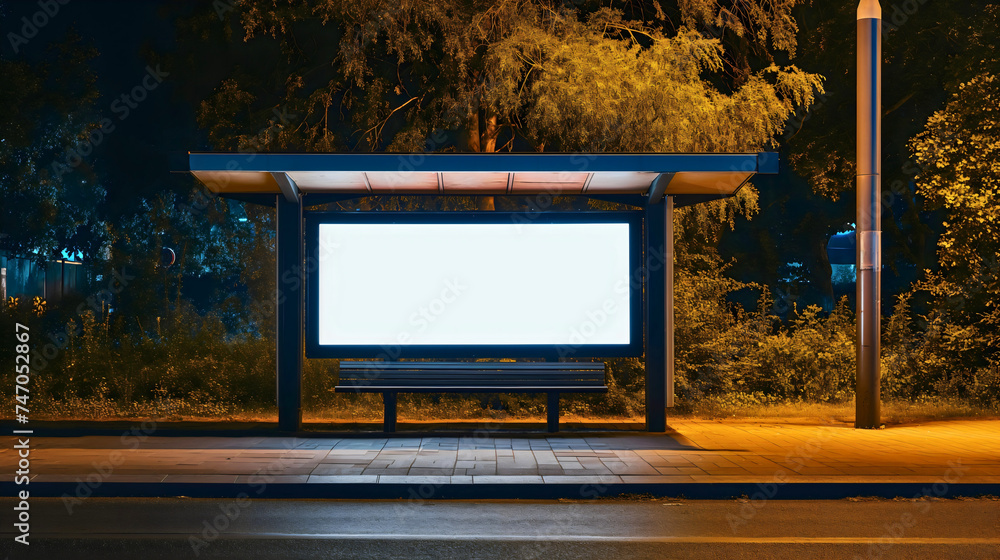 Empty white and blank framed wide horizontal mockup for advertisement or marketing outdoors, at night on a bus station. Billboard sign, template or mockup for promotion Empty white and blank framed wide horizontal mockup for advertisement or marketing outdoors, at night on a bus station. Billboard sign, template or mockup for promotion