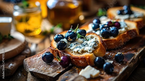 Blue Cheese on Bread, Gorgonzola with Berries and Honey, Bruschetta with Ricotta, Blueberries