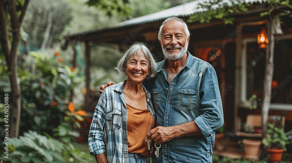Excited senior couple holding key outside their new home, happy to start a new chapter together Excited senior couple holding key outside their new home, happy to start a new chapter together
