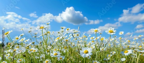 A field of daisies blooms under a blue sky dotted with fluffy clouds, creating a picturesque natural landscape of herbaceous plants and flowering flowers.