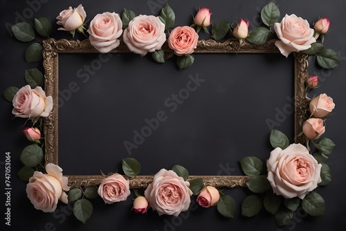 luxury vintage frame with roses on dark background, horizontal floral backdrop with copyspace