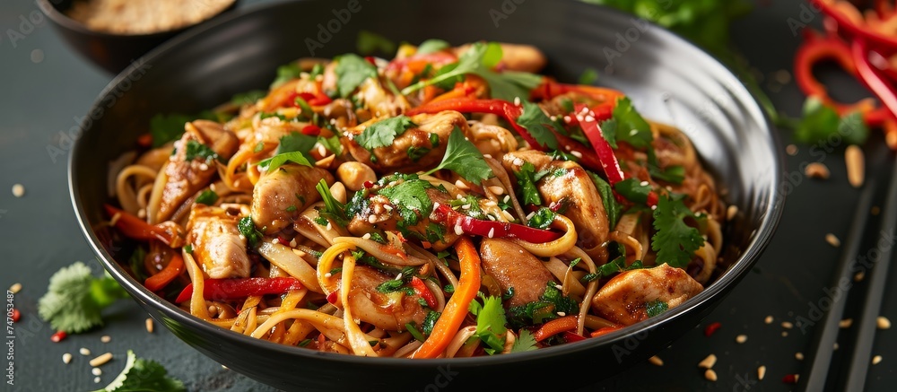 A bowl of noodles with chicken, vegetables, and chopsticks placed on a table. This dish is a popular staple food in Asian cuisine. A bowl of noodles with chicken, vegetables, and chopsticks placed on a table. This dish is a popular staple food in Asian cuisine.
