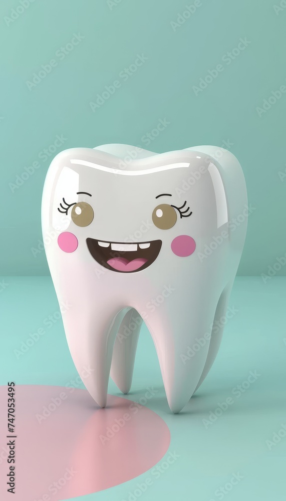 Adorable 3d cartoon tooth character on pastel background with space for text placement Adorable 3d cartoon tooth character on pastel background with space for text placement