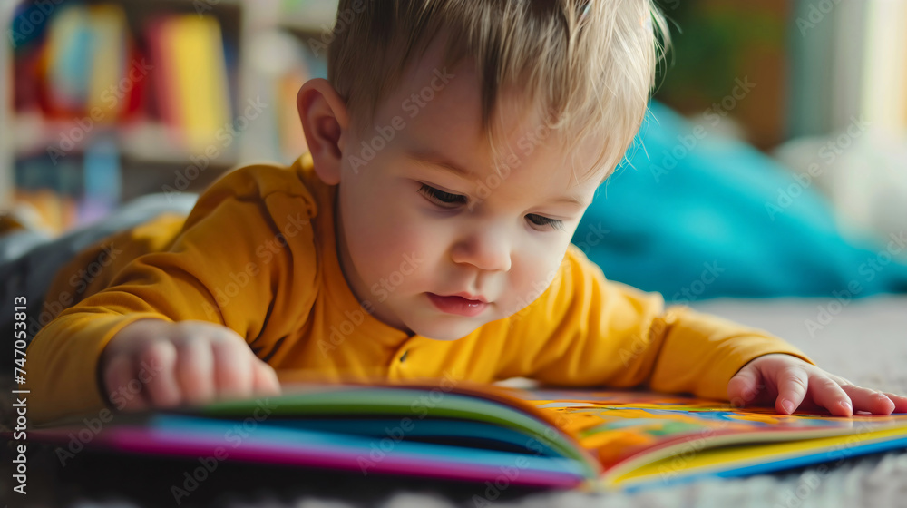 Closeup of the little toddler boy lying on the floor in the living room interior, looking at the coloring book and learning. Newborn male baby education, knowledge growth, childhood reading Closeup of the little toddler boy lying on the floor in the living room interior, looking at the coloring book and learning. Newborn male baby education, knowledge growth, childhood reading