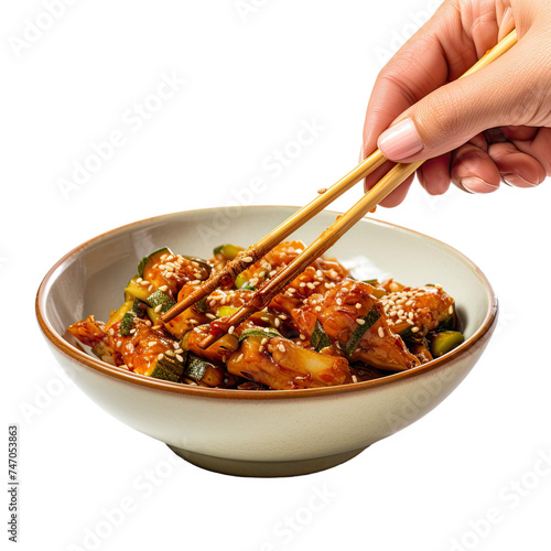 close-up of a person's hand eating Thai food with chopsticks on table white background.png