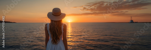 Serene Sunset Seascape: Rear View of a Young Girl. 3:1 landscape banner and background style. Space for text. Suitable for website headers or background, summer vacation, holiday destination.