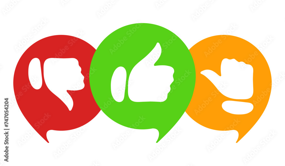Like, dislike and average opinion. Hands, gestures in red, green and yellow speech bubbles. Feedback, social media, comment, contact us, share, review. Vector illustration - obrazy, fototapety, plakaty 