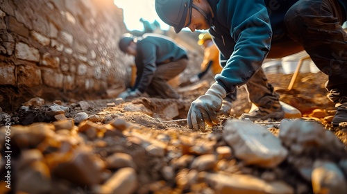 Construction Workers Digging Trench in Golden Light photo