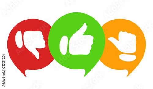 Like, dislike and average opinion. Hands, gestures in red, green and yellow speech bubbles. Feedback, social media, comment, contact us, share, review. Vector illustration