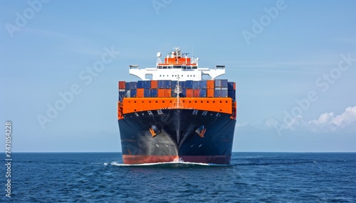 Container ship fully loaded in vibrant blue ocean waters under clear skies on a sunny day