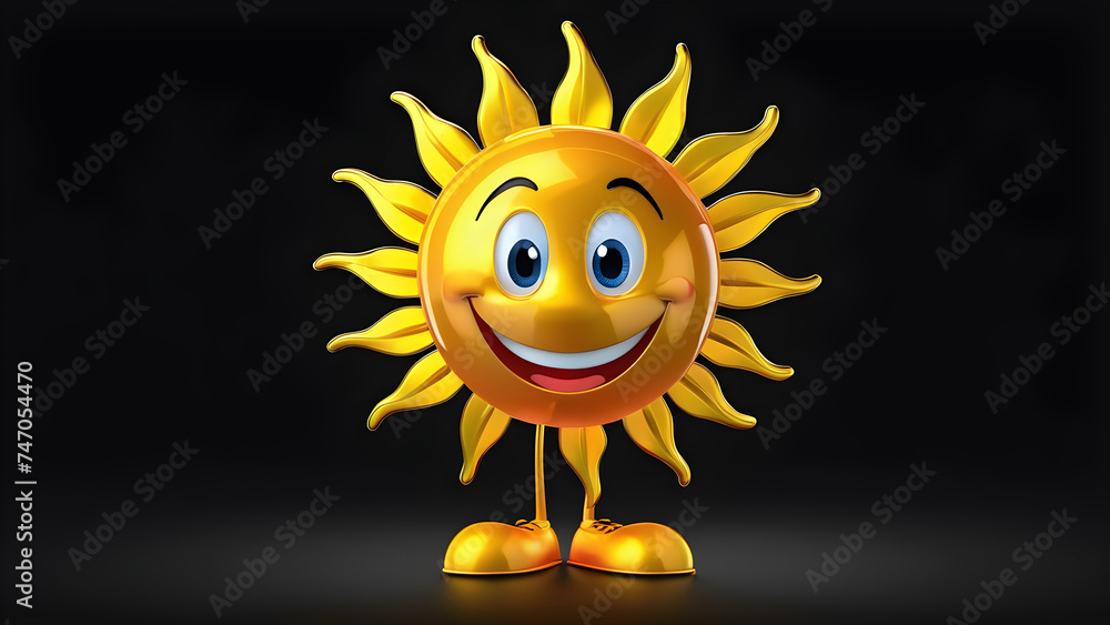 a cartoon character with a happy face funny a hot sun on a black background. Sun with a smile. smiling sun with a smile