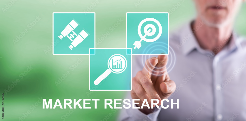 Man touching a market research concept Man touching a market research concept