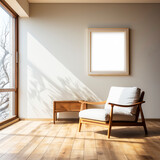 Cozy organic arm chair in minimalist japan style in living room with sun light, MOCKE UP frame on the wall