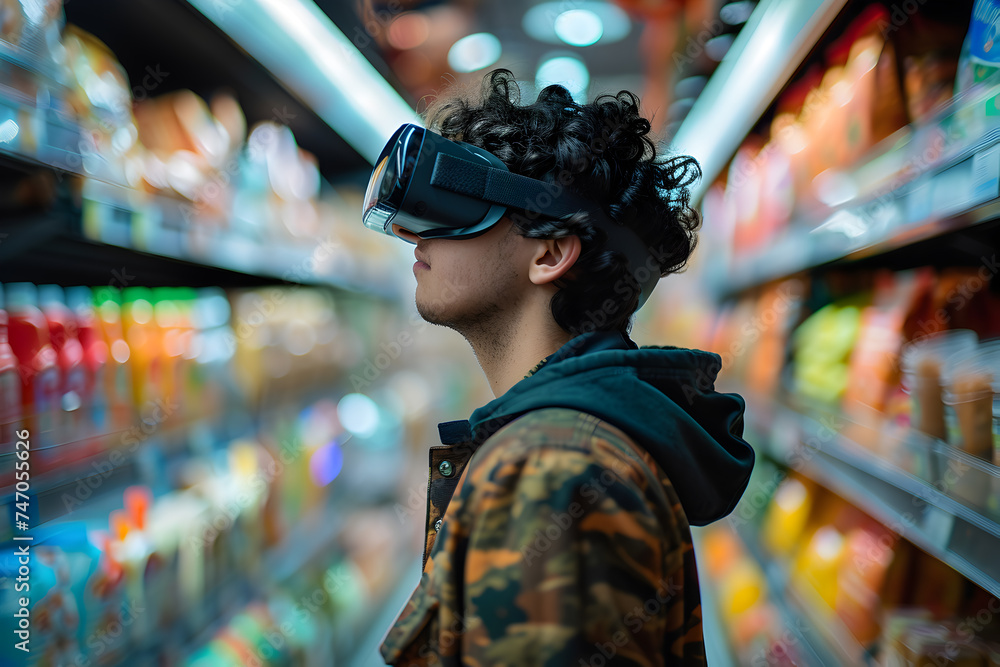 A teenage boy in a supermarket wearing VR glasses. Children and modern technology concept A teenage boy in a supermarket wearing VR glasses. Children and modern technology concept
