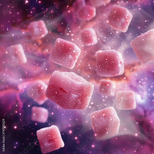 Holographic pink sweets floating in space. white background