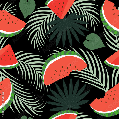 Seamless pattern with hand drawn tropical watermelon and palm leaves on black background.