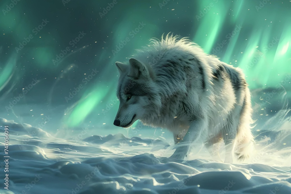 A lone wolf treks through a deep snowfield under the northern lights, combining wildlife with breathtaking Arctic landscapes.
