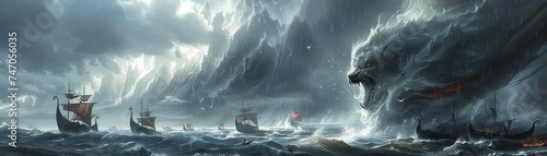 Fenrir's howl, Viking longships in the foreground, stormy Nordic seascape photo