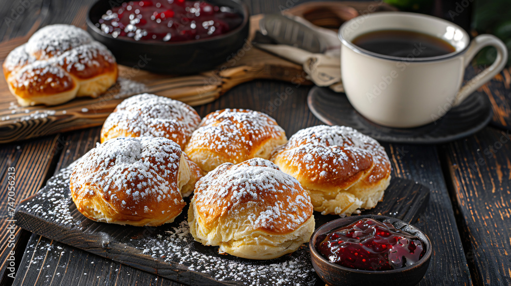 Traditional Czech buns with plum jam and coffee.