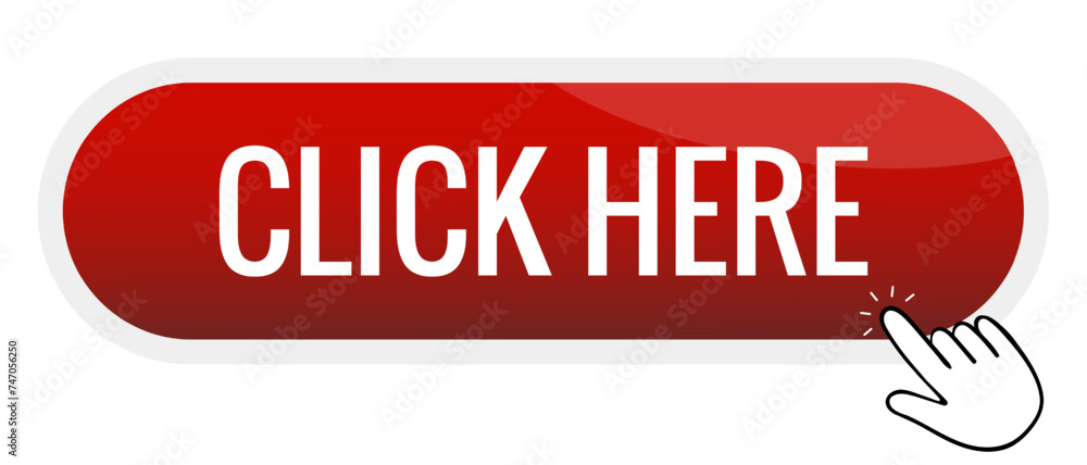 Click Here red glass button with glare. Hand, index finger, cursor, press, push. Banner, business, advertising, announcement, promotion, logo design, attract attention. Vector illustration Click Here red glass button with glare. Hand, index finger, cursor, press, push. Banner, business, advertising, announcement, promotion, logo design, attract attention. Vector illustration