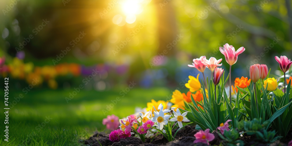 Colourful tulip garden in spring, easter background , banner Colourful tulip garden in spring, easter background , banner