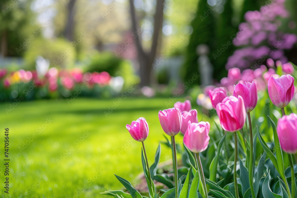 Colourful tulip garden in spring, easter background Colourful tulip garden in spring, easter background