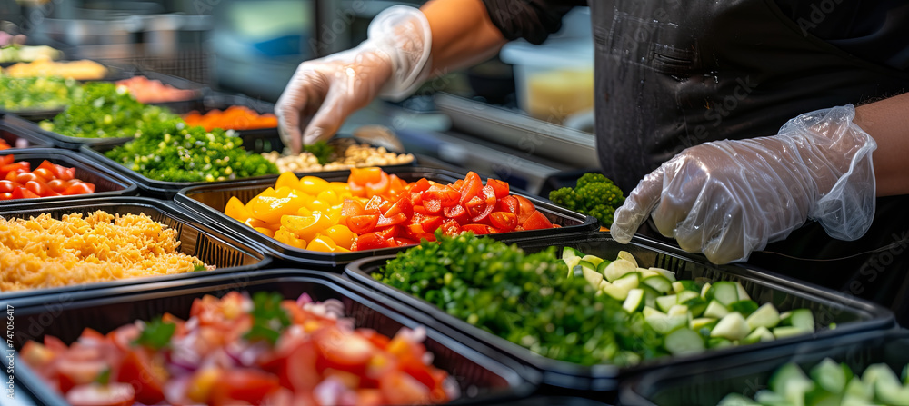 An employee at a hotel buffet, where a halal kitchen is in operation, is wearing protective gloves. They are putting together a variety of salads and side dishes