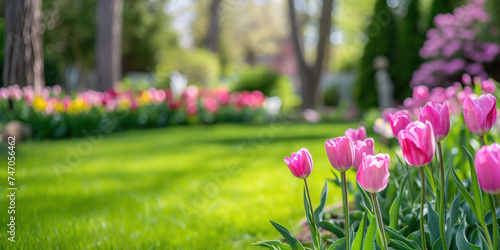 Colourful tulip garden in spring, easter background , banner