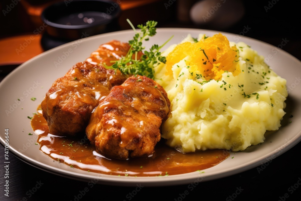 Traditional Polish Chop, Breaded Cutlet, Roasted Pork Steak in Breadcrumbs with Fresh Cabbage Salads Traditional Polish Chop, Breaded Cutlet, Roasted Pork Steak in Breadcrumbs with Fresh Cabbage Salads