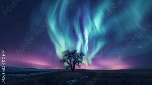 Aurora Borealis over a Tree in a Dreamy Landscape photo