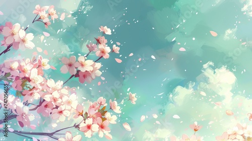 Soft pastel pink cherry blossoms in serene mint green mist, creating a tranquil and dreamy scene