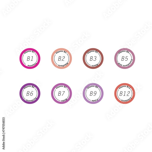 Set of 8 colorful vitamin icons -group B vitamins - B1, B2, B3, B5, B6, B7, B9, B12 - simple  icon illustration, graphic element for products, supplements, web design and more.