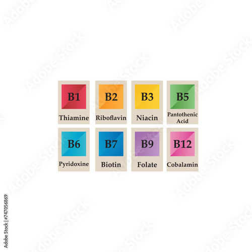 Set of 8 colorful vitamin icons -group B vitamins - B1, B2, B3, B5, B6, B7, B9, B12 - simple icon illustration with chemical names, graphic element for products, supplements, web design and more.